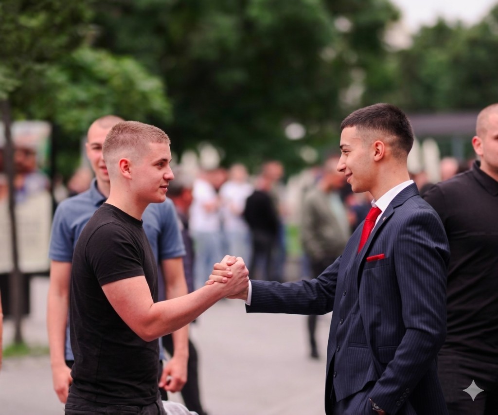 Two young men shaking hands outdoors: one in a casual black t-shirt, the other in a navy pinstripe suit with a red tie—symbolizing partnership and trust for VMN Digital.
